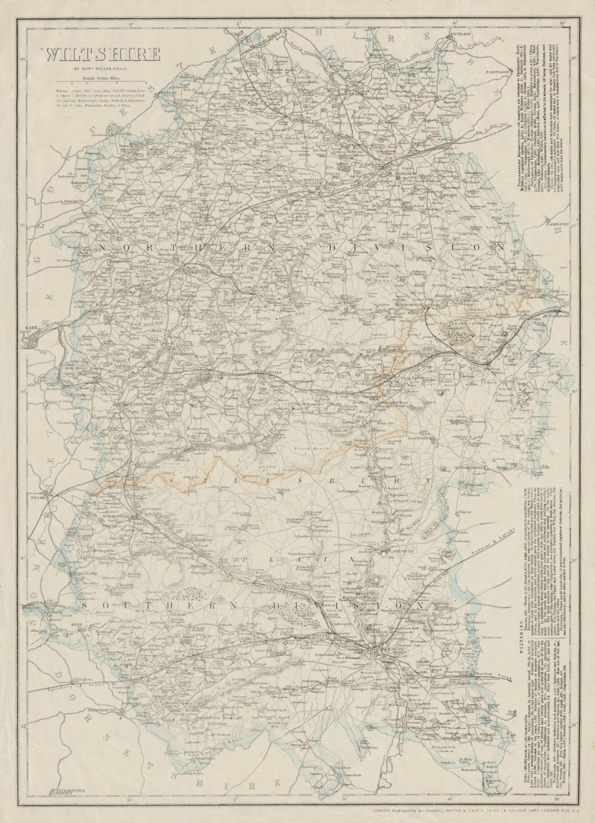 WILTSHIRE antique county map. Salisbury Plain. Railways. WELLER 1863 old